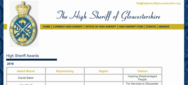 screenshot of The High Sheriff of Gloucestershire's website