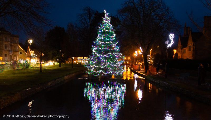 A Christmas tree in the river at Bourton-on-the-Water