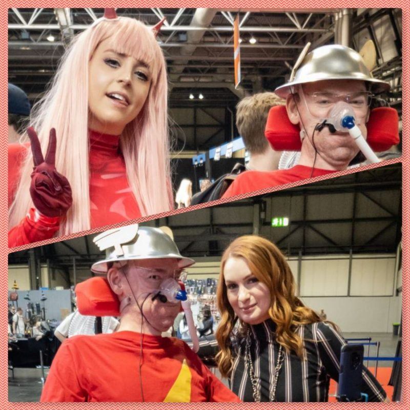 collage of Daniel Baker dressed as Jay Garrick with Aime beside him dressed as Zero Two & Daniel Baker With Felicia Day