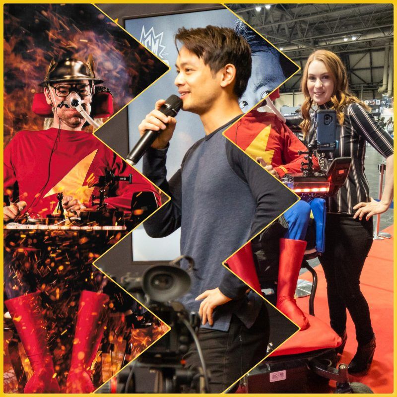 collage of Daniel Baker dressed as Jay Garrick, Osric Chau and Felicia Day at Mcm Comiccon Birmingham 2019