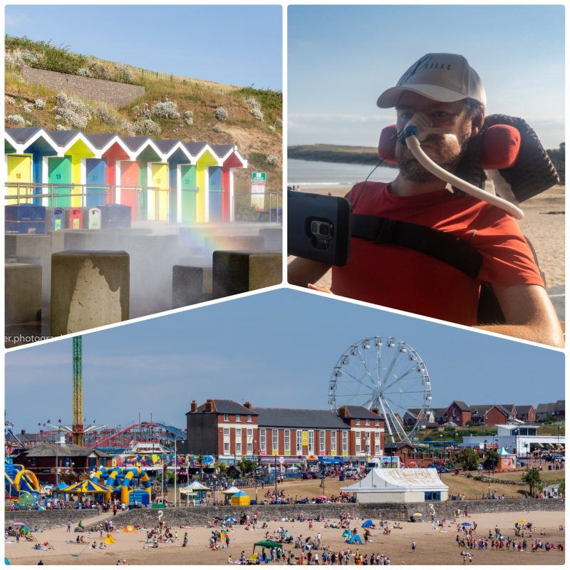 A collage of images from Barry Island, top left coloured beach huts with mist in front causing a rainbow to appear, top left Daniel Baker in a red base layer with the beach behind him, bottom a busy Barry Island beach with a big wheel behind