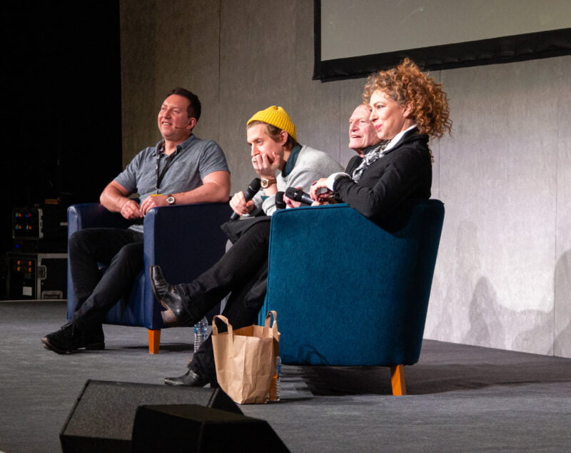 Arthur Darvill, Alex Kingston and David Bradley on stage at Wales comiccon 2019