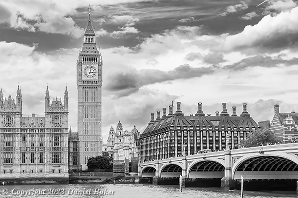 A black and white photograph of Big ben viewed from across the River Thames in London.  Click to view Urban views library
