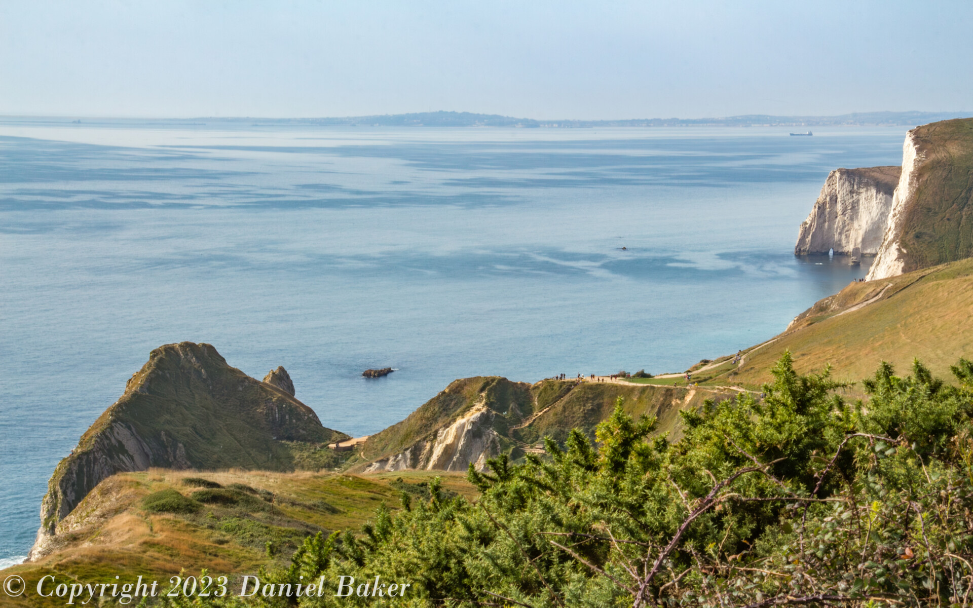 A cliff top view looking down on the English channel
